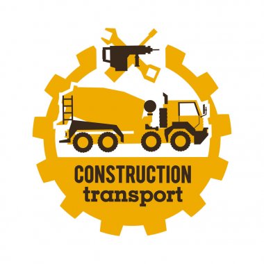 Logo beton karıştırıcılar, inşaat araçlar. Yangın önleyici donatım, kamyon. İş için aracı. Matkap, anahtar, tornavida, dişli. Vektör çizim. Düz stil