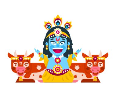 Lord Krishna inekler ortamında oturuyor. Dekorasyon, tatil, lotus duruş, meditasyon, hayvan, tavus kuşu kuyruk. Vektör çizim. Düz stil
