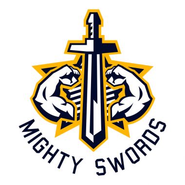 Logo mighty swords. Muscular arms, sport and fitness. Vector illustration. Flat style