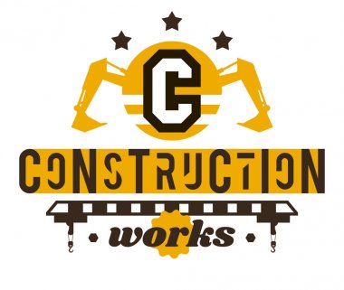 İnşaat işleri Illustration Tema. İnşaat Makinaları. Yangın önleyici donatım. İzole arka planında harflerle. Logo özel ekipman, hidrolik kolu. Ekskavatör, Vinç.