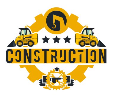 İnşaat işleri Illustration Tema. İnşaat Makinaları. Yangın önleyici donatım. İzole arka planında harflerle. Mini yükleyici. Logo çalışma araçları. Düz stil