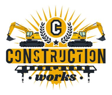 İnşaat işleri Illustration Tema. İnşaat Makinaları. Yangın önleyici donatım. İzole arka planında harflerle. Kazıcılar, Vinç. Logo harfleri. Düz stil