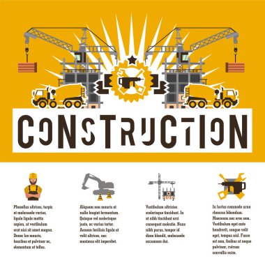Bir şantiye vektör Illustration Tema. Simgeler araçları, ekipman, işçi, teknoloji. Metin şablonu. Bilgi üretimi ile banner. Reklam şirketi. Düz stil
