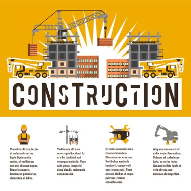 Bir şantiye vektör Illustration Tema. Simgeler araçları, ekipman, işçi, teknoloji. Metin şablonu. Bilgi üretimi ile banner. Reklam şirketi. Düz stil