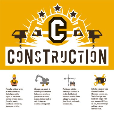 Bir şantiye vektör Illustration Tema. Simgeler araçları, ekipman, işçi, teknoloji. Metin şablonu. Bilgi üretimi ile banner. Reklam şirketi. Düz stil