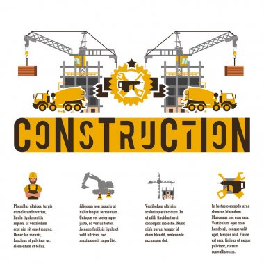 Bir şantiye vektör Illustration Tema. Simge ve metin için şablon. Beton mikseri, Vinç ve tamamlanmamış binası. Bilgi üretimi ile banner. Reklam şirketi.