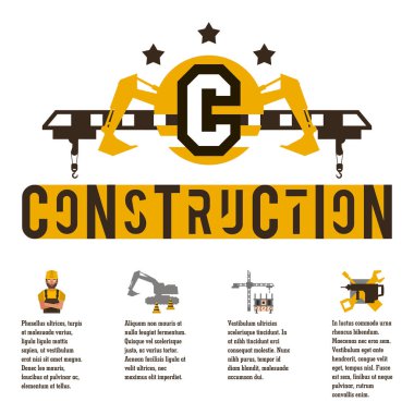 Bir şantiye vektör Illustration Tema. Simge ve metin için şablon. Logo özel ekipman, hidrolik kolu. Ekskavatör, Vinç. Bilgi üretimi ile banner.