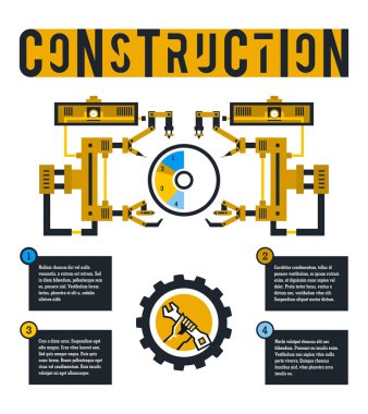 Vektör çizim Infographic inşaat alanı üzerinde. Diyagram robot kolu tarafından çevrili. İzole arka planında harflerle. Bir İngiliz anahtarı tutan logo el. Düz stil