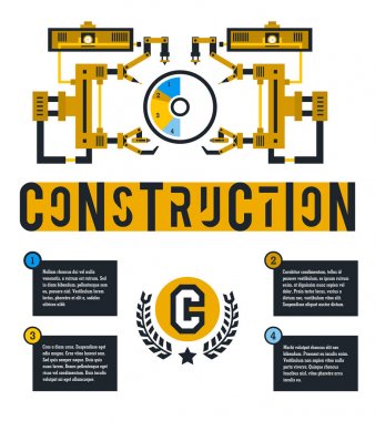 Vektör çizim Infographic inşaat alanı üzerinde. Diyagram robot kolu tarafından çevrili. İzole arka planında harflerle.