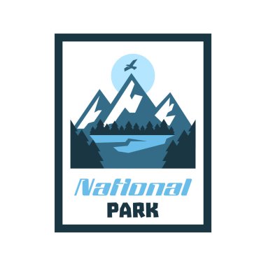 Logo, kart, amblem, etiket Milli Parkı. Kış manzarası, dağlar, orman. Vektör çizim, düz stil