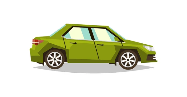 Green car sedan. Side view. Transport for travel. Gas engine. Alloy wheels. Vector illustration. Flat style — Stock Vector