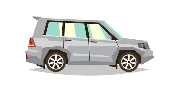 Carro cinzento SUV. Vista lateral. Transporte para viagens. Motor a gás. Rodas de liga. Ilustração vetorial. Estilo plano —  Vetores de Stock