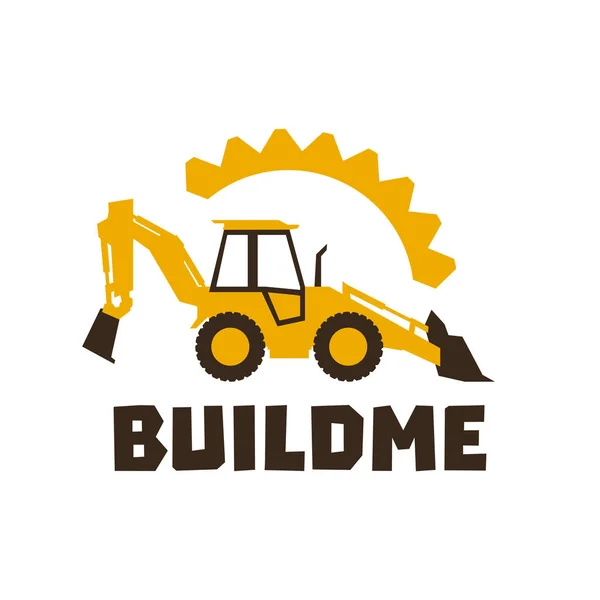 Logo traktorbagr. Oranžový stavební stroje a zařízení. Na pozadí ozubených kol. Izolovaný objekt. Vektorové ilustrace. Plochý — Stockový vektor