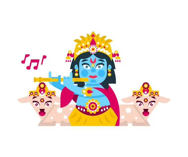 Lord Krishna sitting in the lotus position, in jewelry, plays the flute in goats environment. Music, deity, animals. Vector illustration. Flat style. — Stock Vector