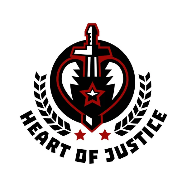 Logo Herz der Gerechtigkeit. das Schwert, das das Herz durchbohrt. Blut, Schnitt. Kampf um Gerechtigkeit. Heldenthema. Kranz. Vektorillustration. flacher Stil — Stockvektor