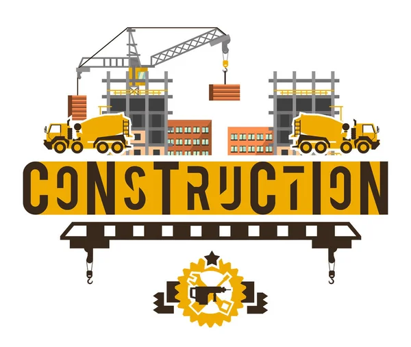 Construction site. Crane lifting concrete slabs. Lettering on the isolated background. Concrete mixer. Construction machinery. Logo building tools. Unfinished house. Vector illustration. Flat style — Stock Vector