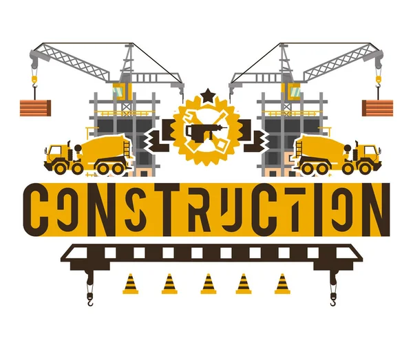 Construction site. Crane lifting concrete slabs. Lettering on the isolated background. Concrete mixer. Construction machinery. Logo building tools. Unfinished house. Vector illustration. Flat style — Stock Vector