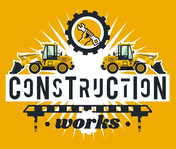 Illustration sur le thème des travaux de construction. Machines de construction. Equipement spécial. Lettrage sur fond isolé. Chargeur frontal, logo main tenant une clé. Style plat — Image vectorielle