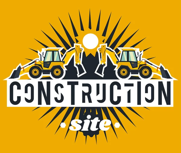 Illustratie van het thema van de bouwwerkzaamheden. Bouwmachines. Speciale apparatuur. Belettering op de geïsoleerde achtergrond. Backhoe loader versnelling achtergrond. De zon. Vlakke stijl — Stockvector