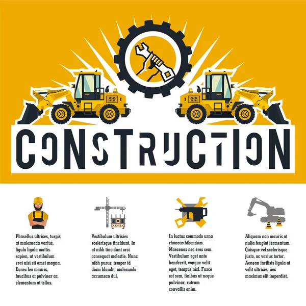 Illustration vectorielle sur le thème d'un chantier. Icônes d'outils, d'équipements, de travailleurs, de technologies. Modèle de texte. Bannière avec la production d'informations. Publicité. Style plat — Image vectorielle