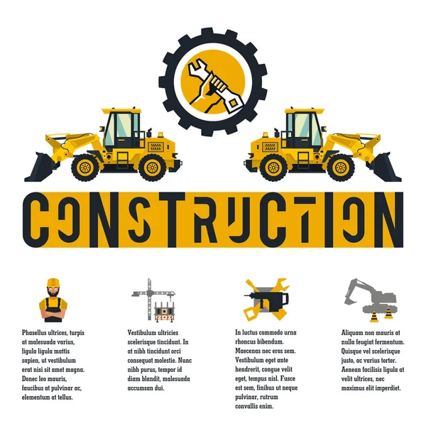 Vektorillustration zum Thema Baustelle. Symbole und Vorlage für Text. Laderlogo und Hände, die einen Schraubenschlüssel halten. Banner mit der Produktion von Informationen. Werbeunternehmen. flacher Stil — Stockvektor