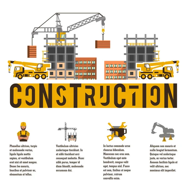 Illustration vectorielle sur le thème d'un chantier. Icônes et modèle pour le texte. Camion-grue et maison inachevée. Bannière avec la production d'informations. Publicité. Style plat — Image vectorielle