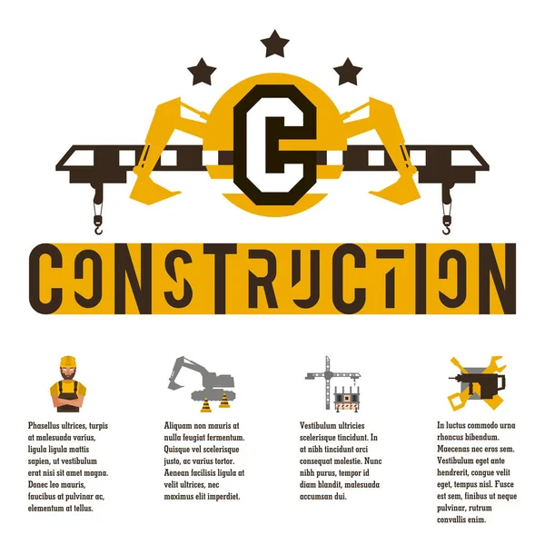 Bir şantiye vektör Illustration Tema. Simge ve metin için şablon. Logo özel ekipman, hidrolik kolu. Ekskavatör, Vinç. Bilgi üretimi ile banner.