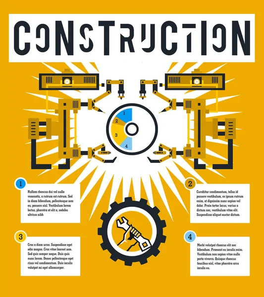 ภาพวาดเวกเตอร์ infographic บนพื้นที่ก่อสร้าง แผนภาพล้อมรอบด้วยแขนหุ่นยนต์ ตัวอักษรบนพื้นหลังที่โดดเดี่ยว มือถือโลโก้ประแจ สไตล์แบน — ภาพเวกเตอร์สต็อก