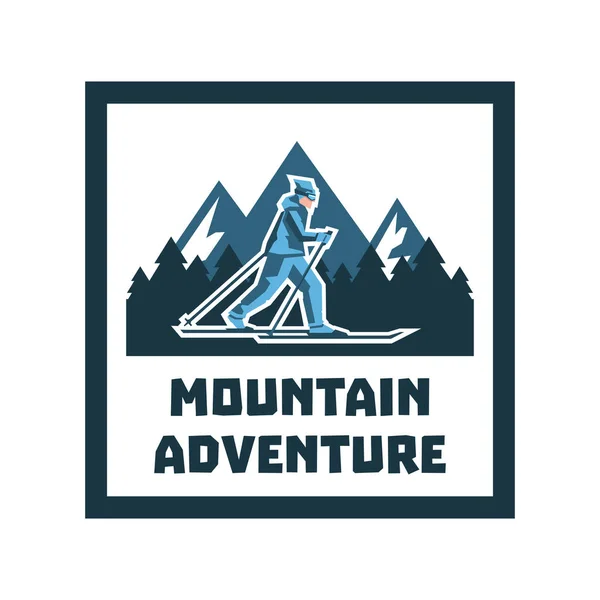 标志山冒险。标签, 邮票。冬天的风景, 雪山, 森林, 滑雪者在雪地里漫步。体育生活方式。矢量插图 — 图库矢量图片