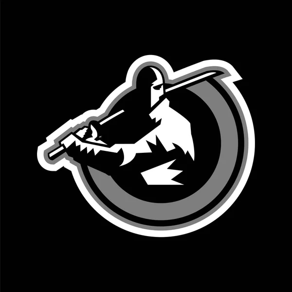 Logo Ninja. der Krieger im Schatten. Schwert und Schild. Schwarz-weißer Farbaufkleber. Vektorillustration. flacher Stil — Stockvektor