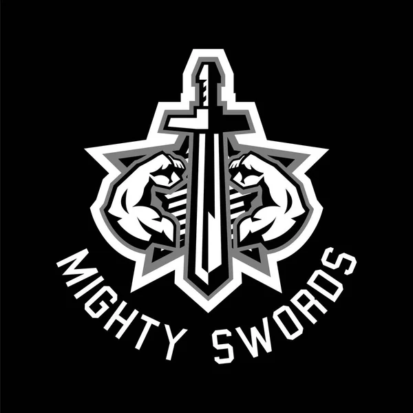 Logo mighty swords. Muscular arms, sport and fitness. Black and white color sticker. Vector illustration. Flat style — Stock Vector