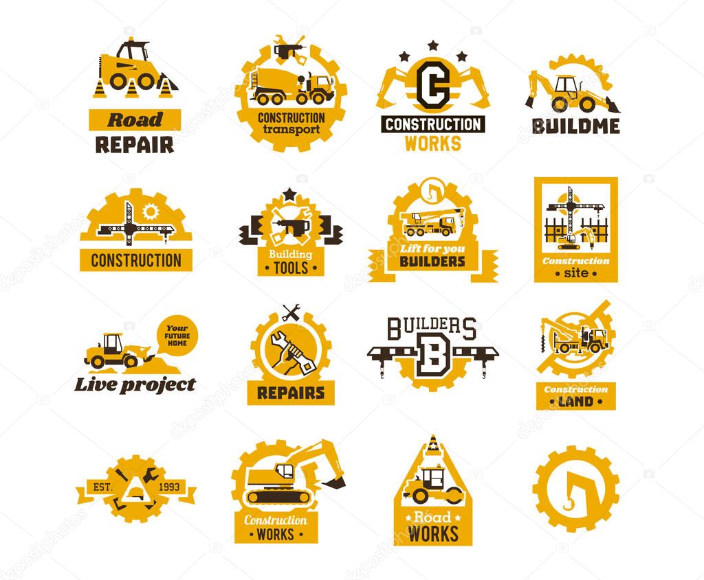 Big set of logos on the theme of construction. Building machinery, transport, professional equipment and tools. Asphalt processing works. Excavator, tractor, truck, crane. Isolated on background.