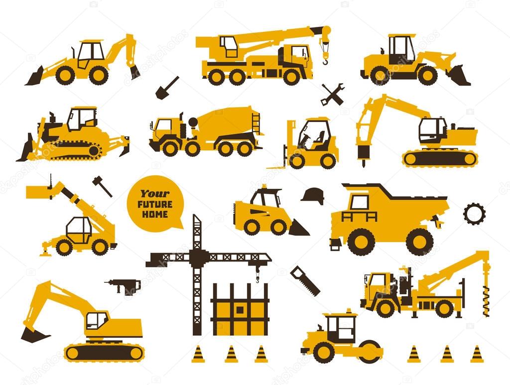 Big set of icons construction work. Building machinery, special transport. Heavy Equipment. Trucks, cranes, tractors, excavators. Hydraulic equipment and tools. Saw, drill, shovel. Flat style