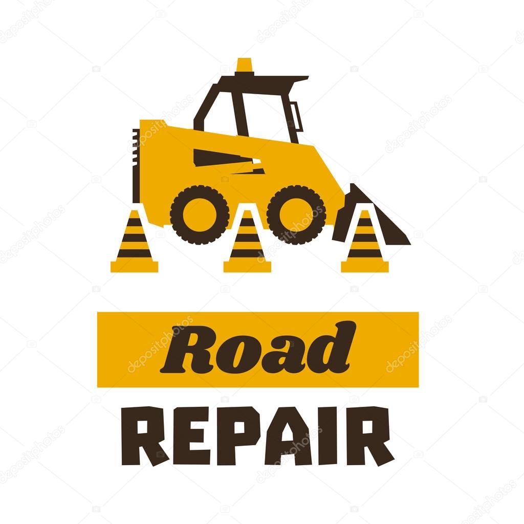 Logo mini loader, road repair. Asphalt processing works. Construction machinery. Traffic cone. Vector illustration. Flat style