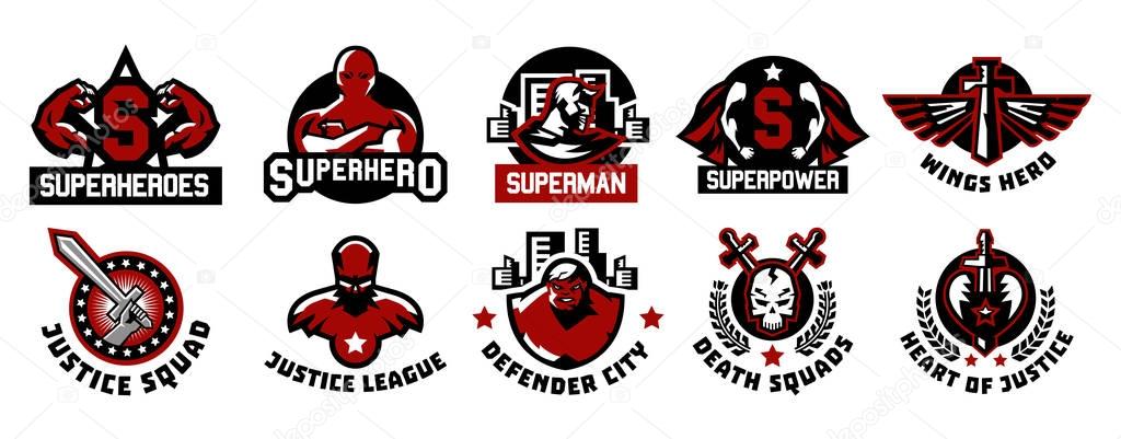 Set of superhero logos. A collection of images of superman. The suit, raincoat, silhouette, image, face, muscles, city, wings, sword, skull monster heart Vector illustration Flat style