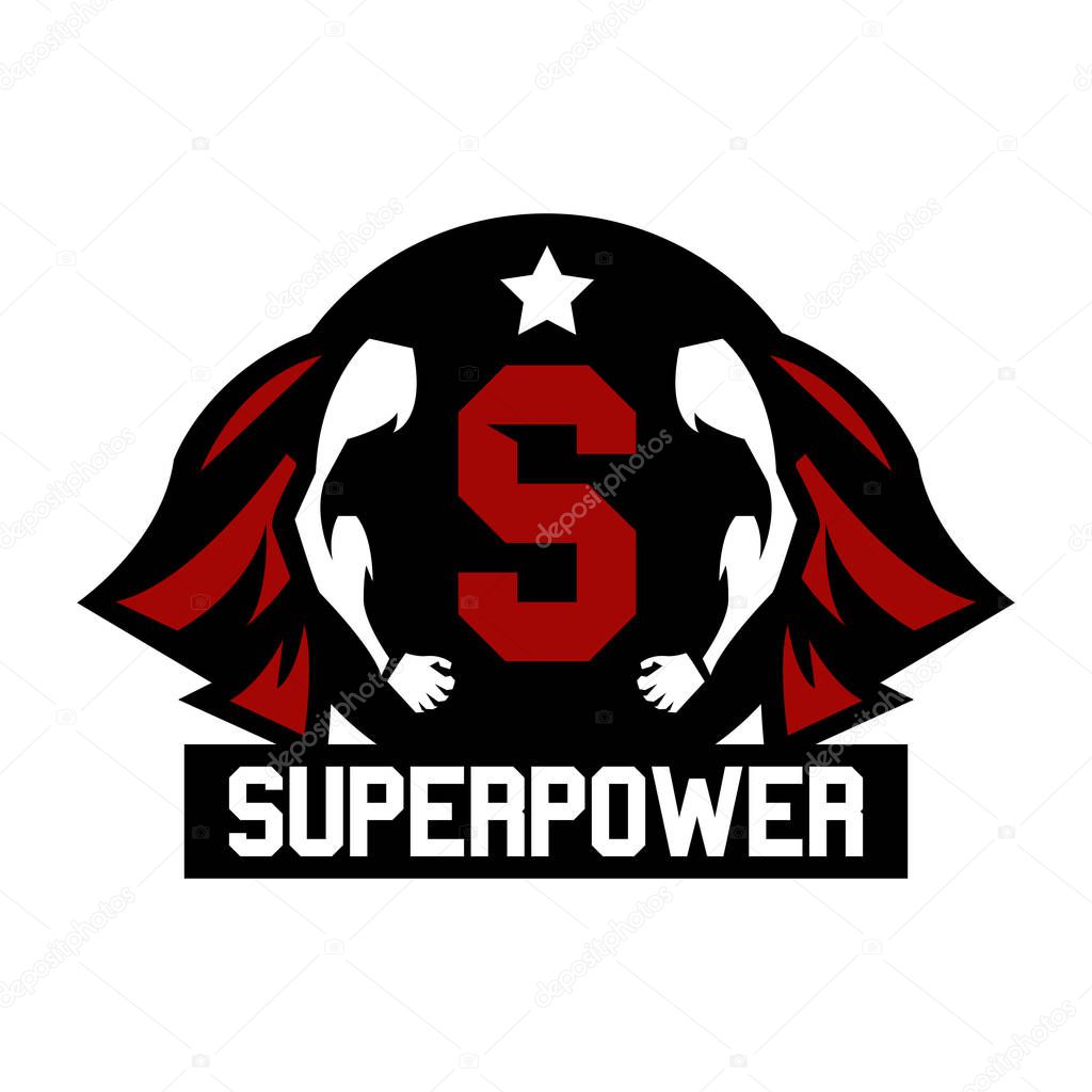 Logo superhero. Cloak superman. Muscular arms. Most of the letter in the middle. Star. Vector illustration. Flat style