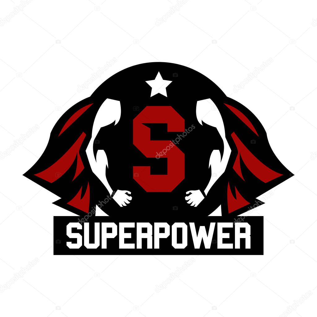 Logo superhero. Cloak superman. Muscular arms. Most of the letter in the middle. Star. Vector illustration. Flat style.