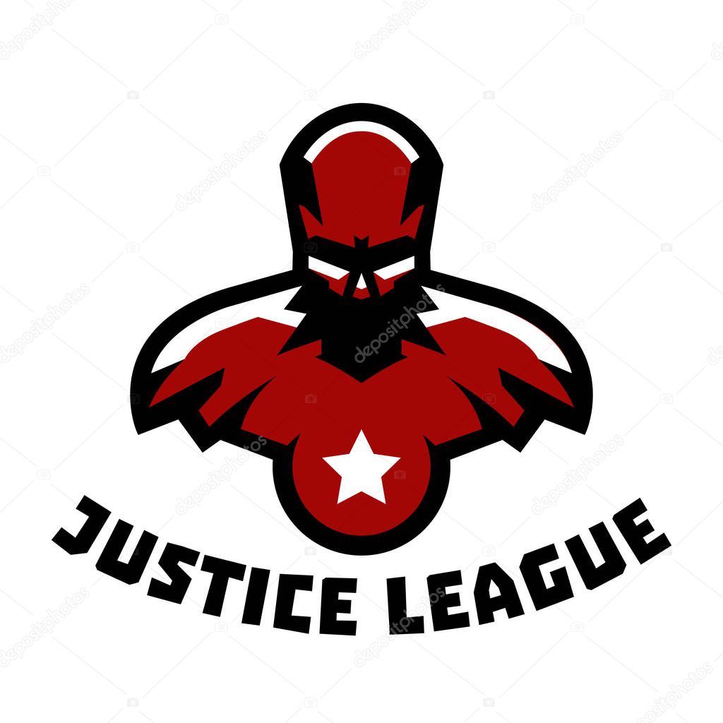 Logo superhero. Superman costume. Justice League. Muscular body. Vector illustration Flat style