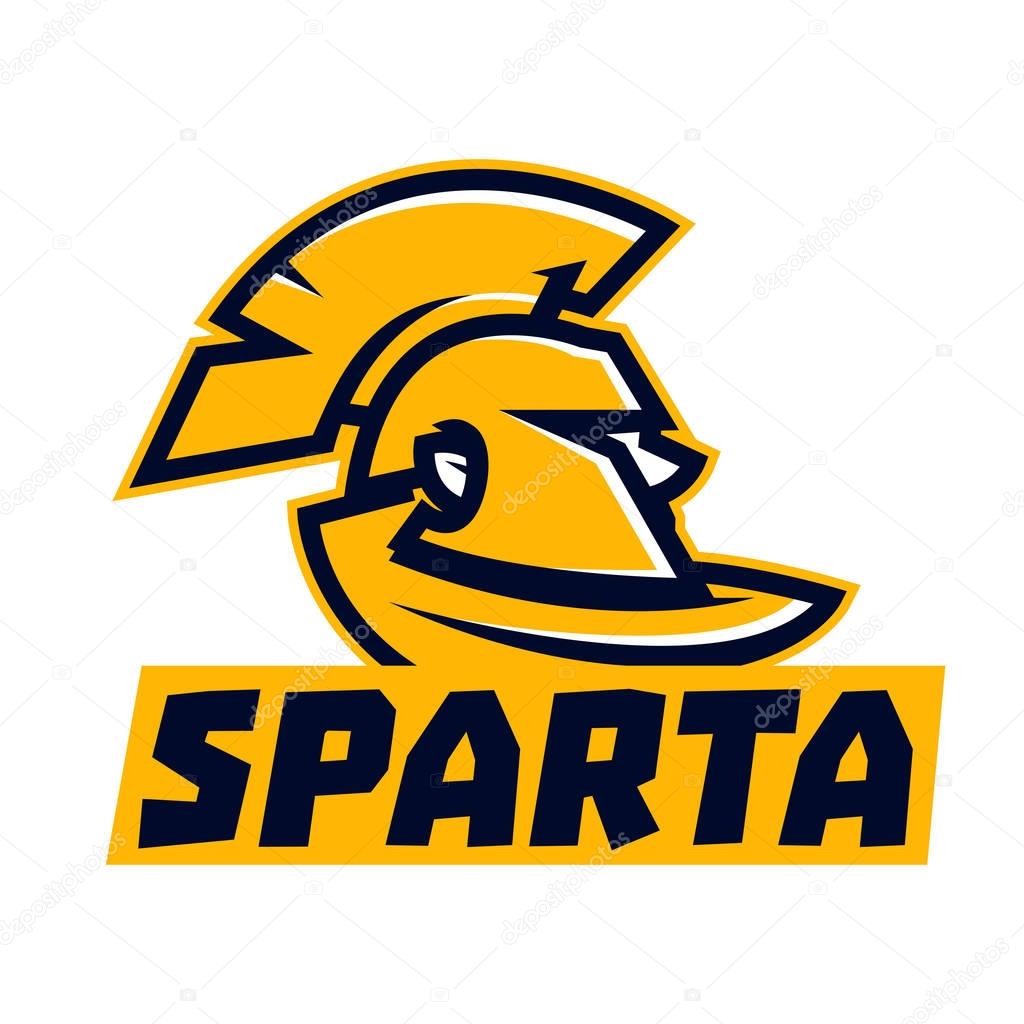 Logo Spartan. Ancient warrior. Helmet, coat, face in profile. Lettering Vector illustration Flat style