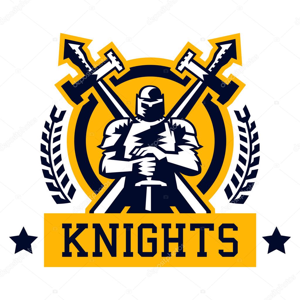 Knight logo. Warrior in the iron and heavy armor. Swords cross. The emblem on the Middle Ages and the war. Vector illustration. Flat style