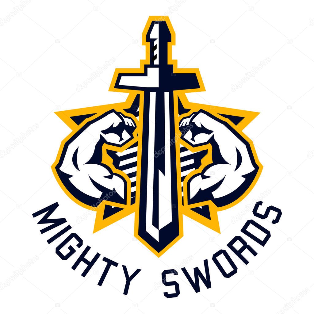 Logo mighty swords. Muscular arms, sport and fitness. Vector illustration. Flat style