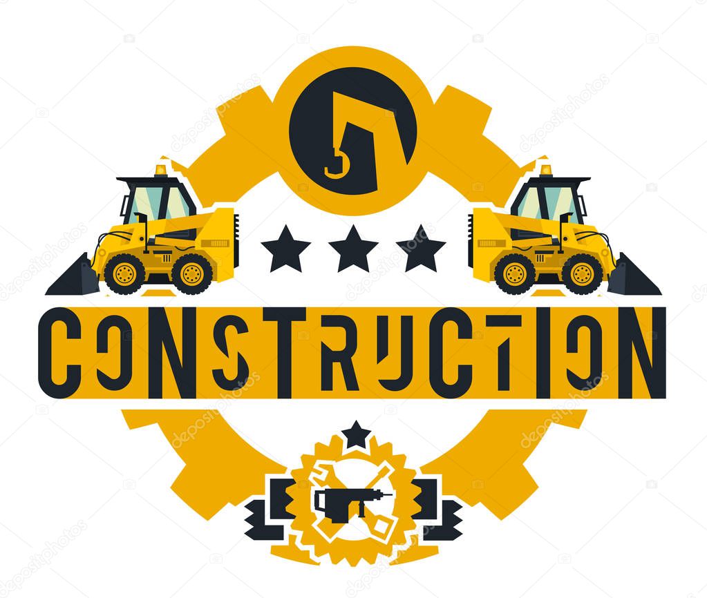 Illustration on the theme of the construction works. Construction machinery. Special equipment. Lettering on the isolated background. Mini loader. Logo working tools. Flat style