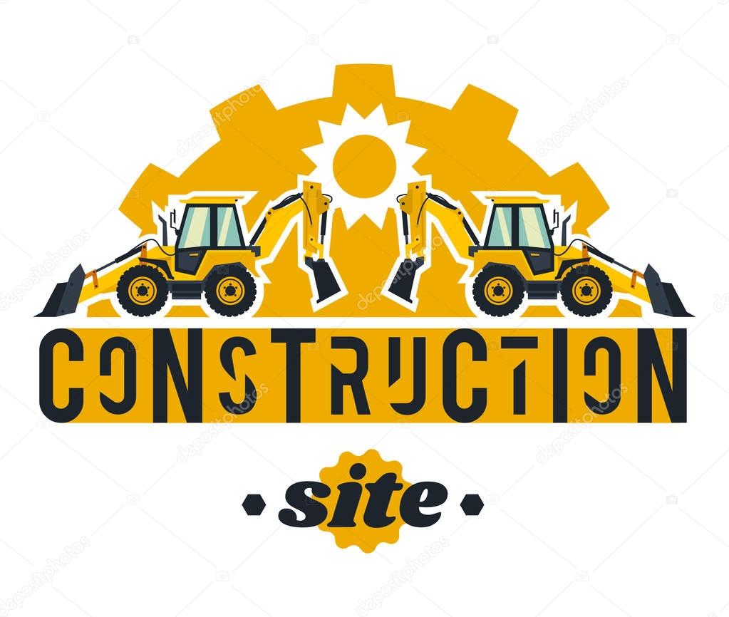 Illustration on the theme of the construction works. Construction machinery. Special equipment. Lettering on the isolated background. Backhoe loader gear background. The sun. Flat style