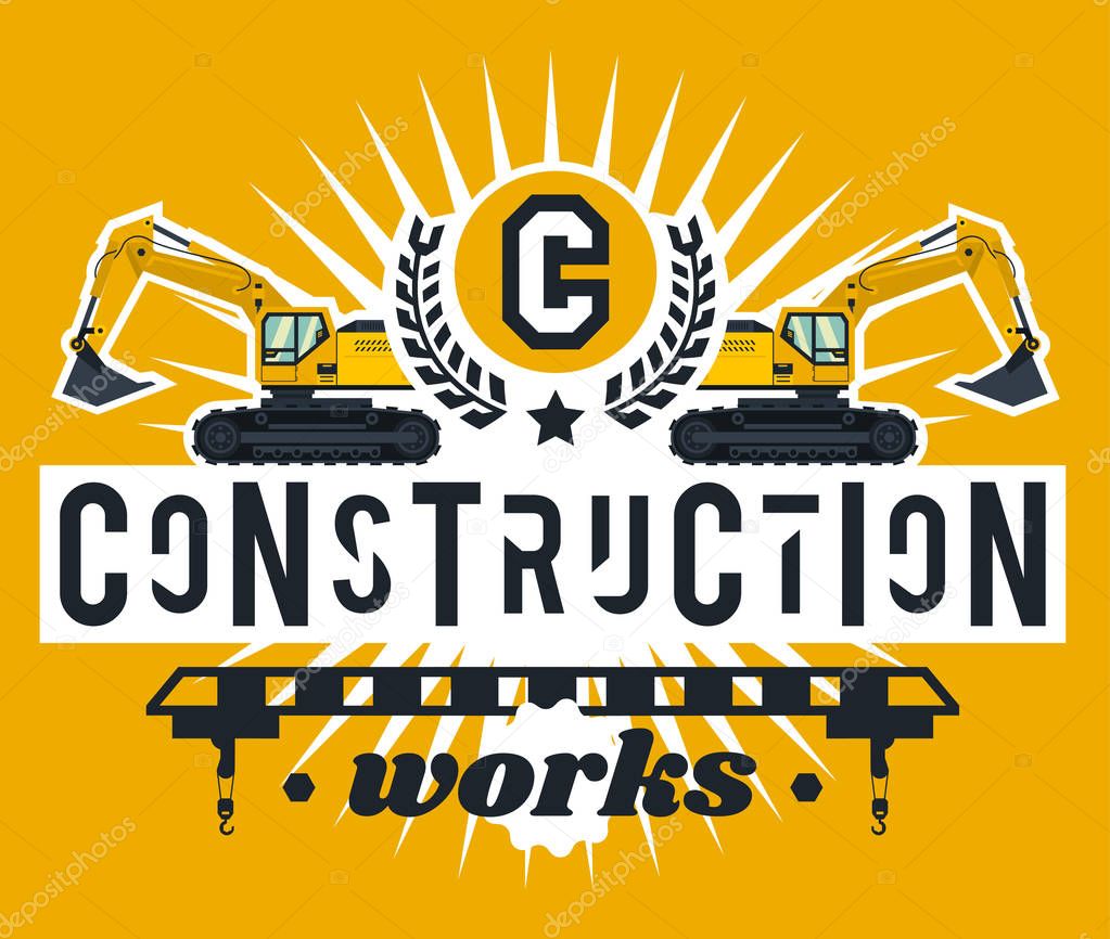 Illustration on the theme of the construction works. Construction machinery. Special equipment. Lettering on the isolated background. Excavators, crane. Logo letters. Flat style