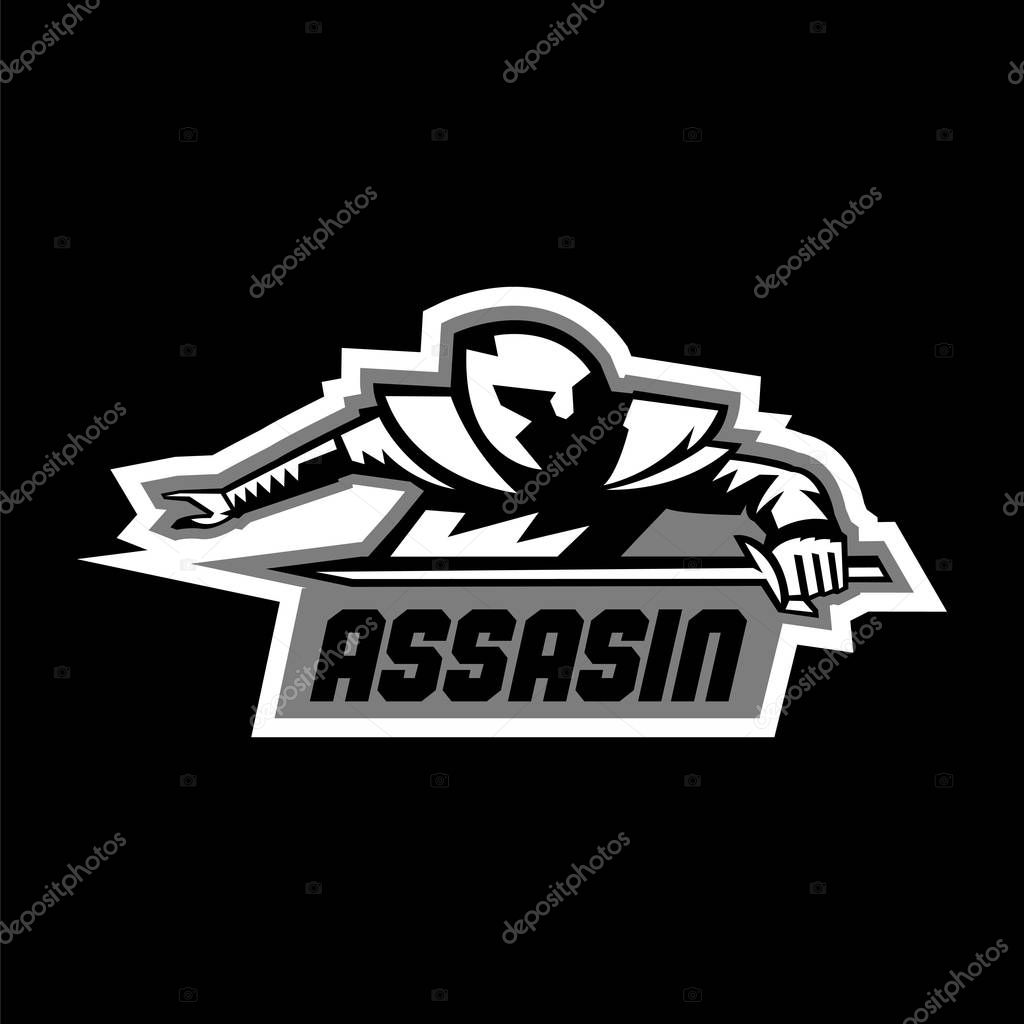 Assassin logo. Lettering. Crouching Warrior with a sword. Black and white color sticker. Vector illustration. Flat style
