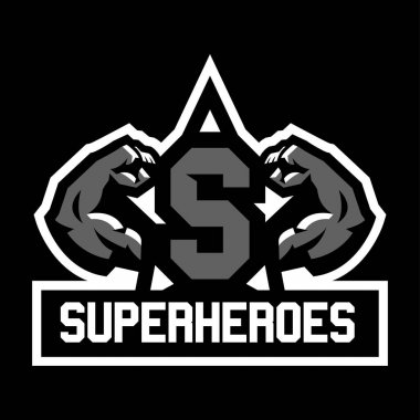 Logo süper kahraman. Kaslı kolları. Yıldız ortasında mektup.