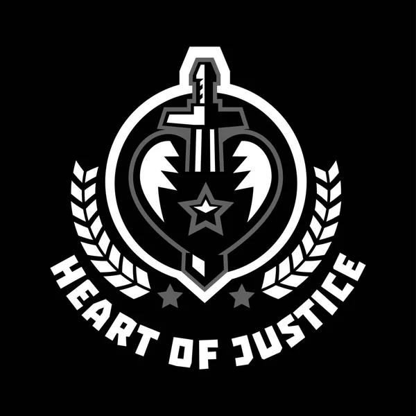 Logo Herz der Gerechtigkeit. das Schwert, das das Herz durchbohrt. Blut, Schnitt. Kampf um Gerechtigkeit. Aufkleber isoliert und von einem weißen Umriss im Hintergrund umgeben. Schwarz-weiße Ausführung — Stockvektor