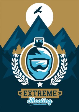 Aşırı spor ve dağ bisikleti vektör çizim Tema. Manzara, orman, temiz hava. Etkinliğe davet. Fotoğrafçı, video yönetmeni, gözlük, kask, kamera.