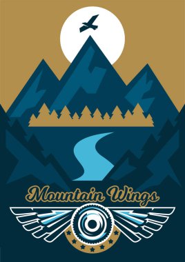 Vector illustration on the theme of extreme sport and mountain biking. Landscape, forest, fresh air. The invitation to the event. Mount, eagle, feathers, angel, wheel. clipart