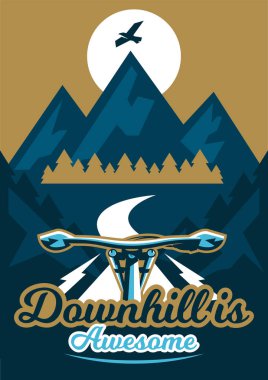 Aşırı spor ve dağ bisikleti vektör çizim Tema. Manzara, orman, temiz hava. Etkinliğe davet. Birinci şahıs bakış. Şehir, orman, dağlar, yol, yol dışarı.